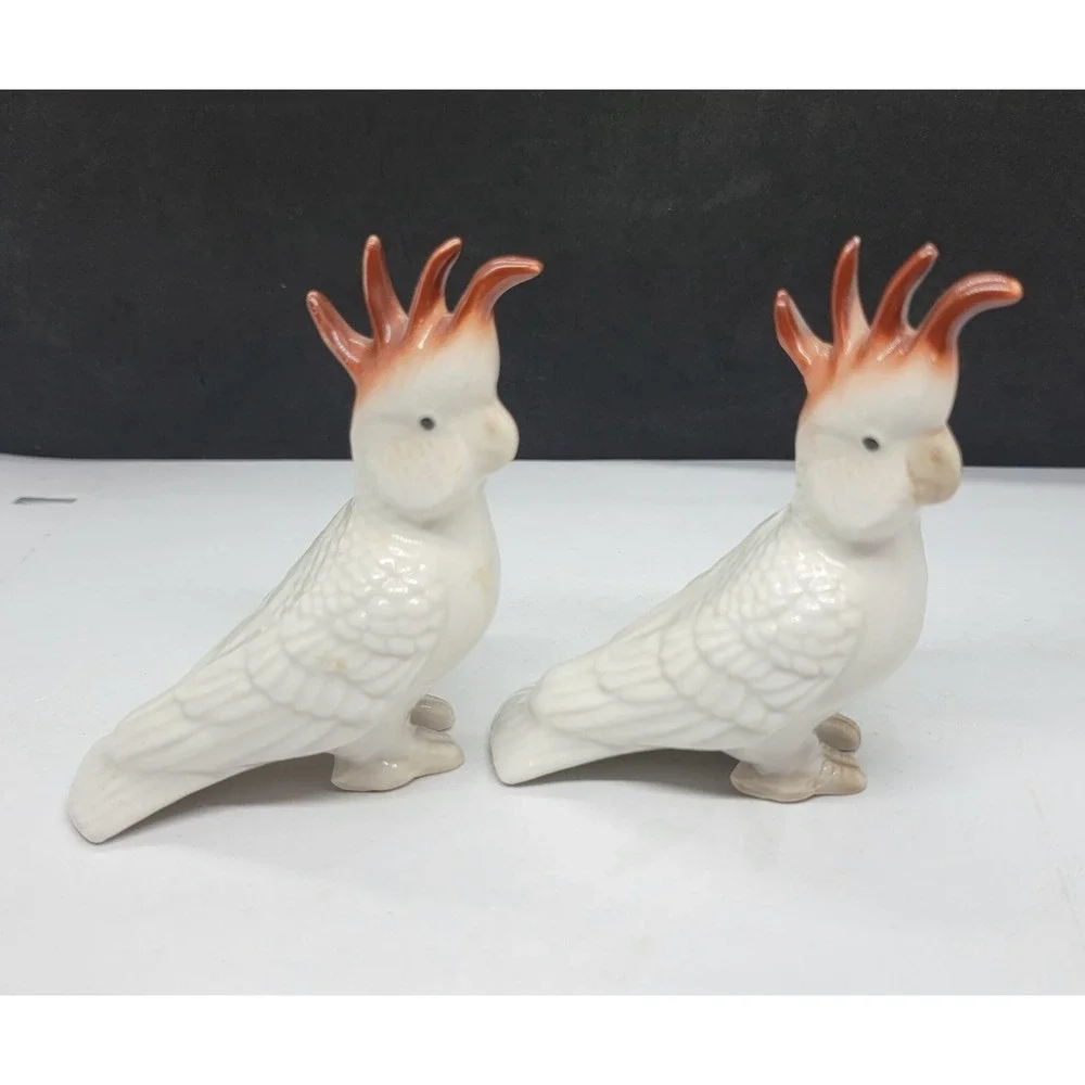 Two Vintage China White Brown Feather Crown Cockatoo Figurines